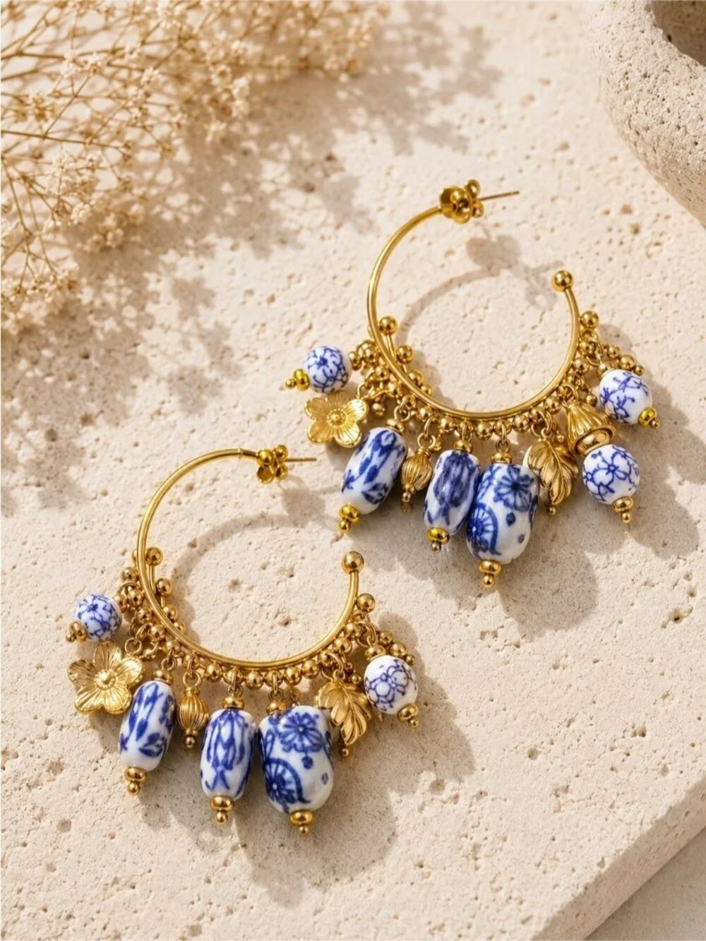 Gold Hoop Earrings with Blue and White Beads and Floral Charms